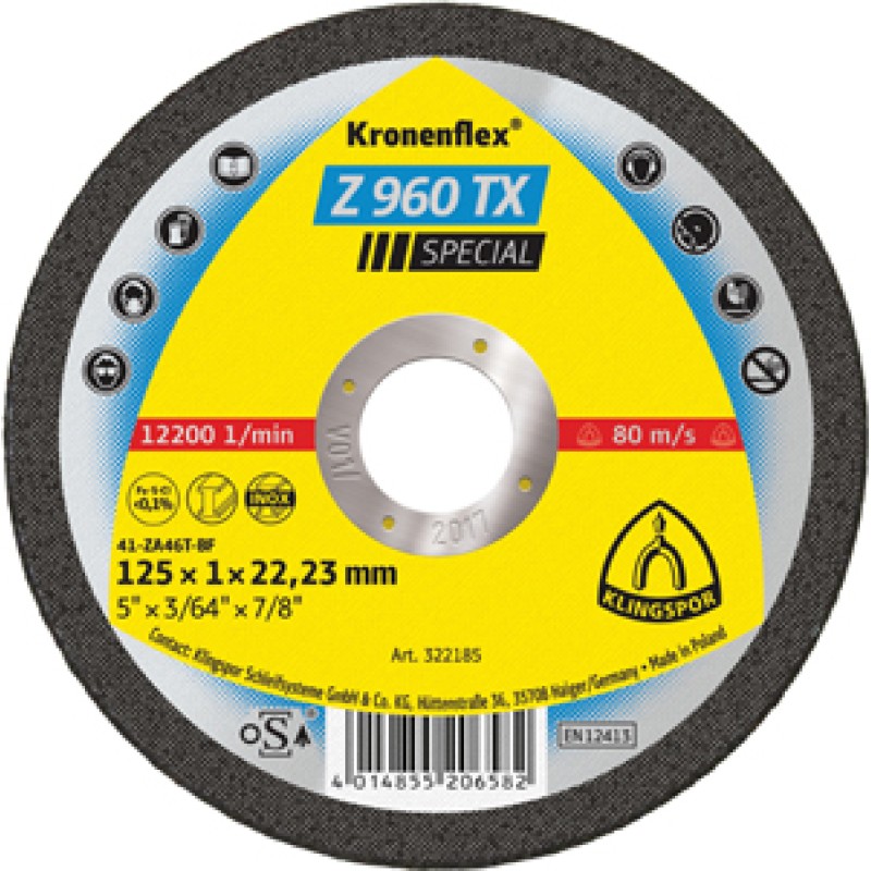 Cut Off Type 1 (Flat) 5 x .040(1.0mm) x 7/8 Z960TX Thin Cut Klingspor 322185