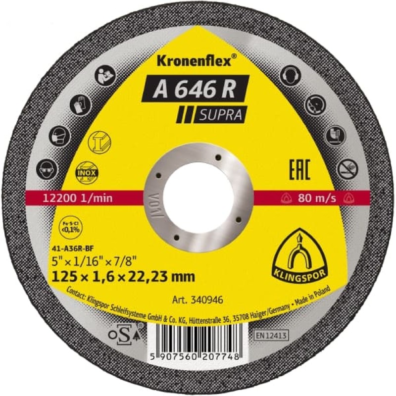Cut Off Type 1 (Flat) 5 x 1/16(1.6mm) x 7/8 A646R for Steel & Stainless Steel Klingspor 340946