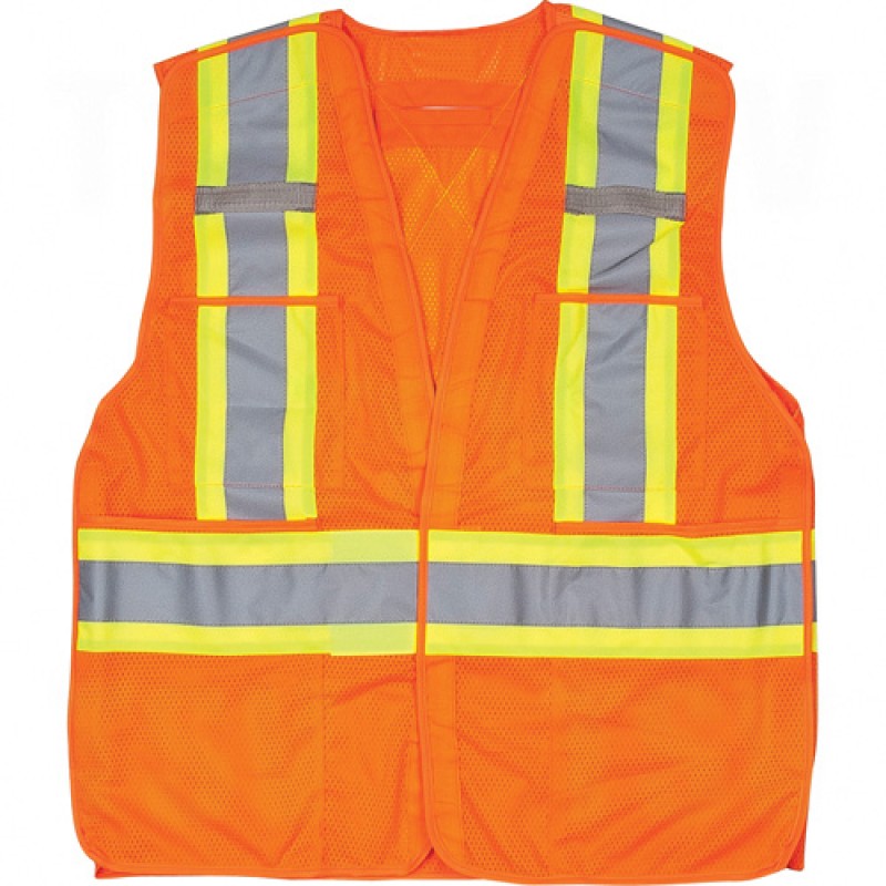 Traffic Vest, CSA Compliant Surveyor High Visibility Orange Silver Yellow Polyester CSA Z96 Class 2, Level 2 X-Large