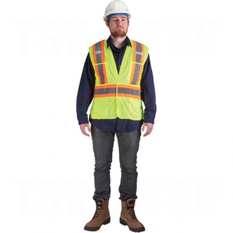 Traffic Vests, CSA Compliant Surveyor High Visibility Lime-Yellow Silver Yellow Polyester CSA Z96 Class 2, Level 2 Large