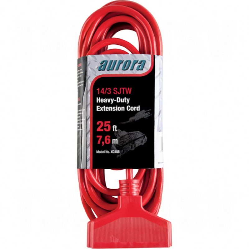 Outdoor Vinyl Triple Tap Extension Cords 25' Long 14/3 (AWG) 15 Amps Red 300V 1875W