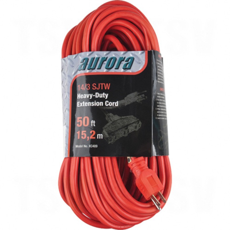 Outdoor Vinyl Triple Tap Extension Cords 50' Long 14/3 (AWG) 15 Amps Red 300V 1875W