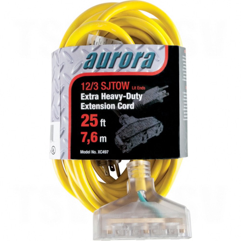 Outdoor Vinyl Triple Tap Extension Cords with Light Indicator 25' Long 43072 (AWG) 15 Amps Yellow 300V 1875W