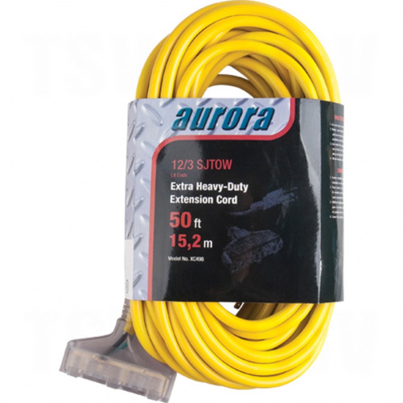 Outdoor Vinyl Triple Tap Extension Cords with Light Indicator 50' Long 43072 (AWG) 15 Amps Yellow 300V 1875W