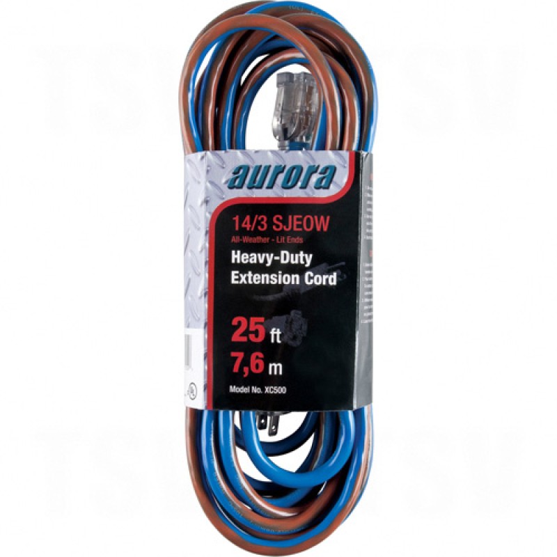 All Weather TPE-Rubber Extension Cords With Light Indicator 25' Long 14/3 (AWG) 15 Amps Blue/Orange 300V 1875W