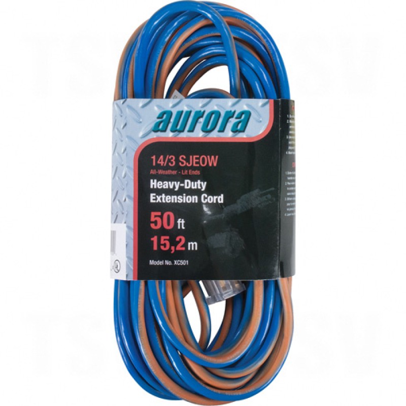 All Weather TPE-Rubber Extension Cords With Light Indicator 50' Long 14/3 (AWG) 15 Amps Blue/Orange 300V 1875W