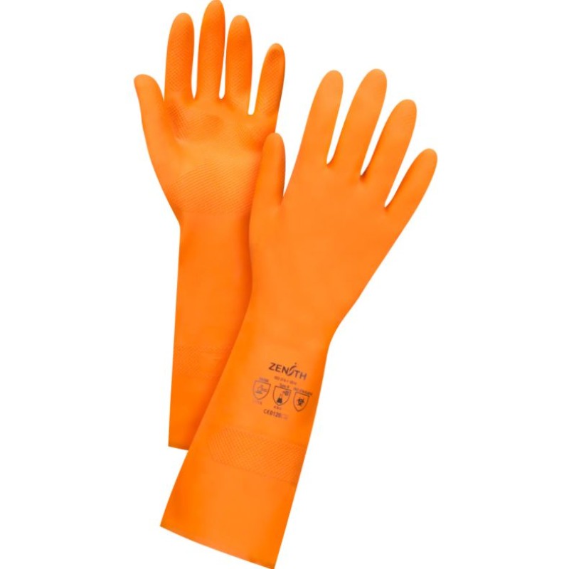 Orange Glove Size Medium/8 13" Length Rubber Latex Flock-Lined Inner Lining 28-mil