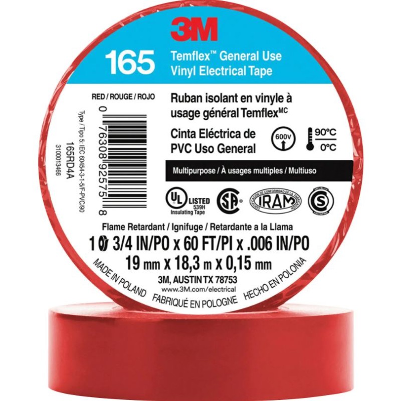 Temflex General Use Vinyl Electrical Tape 165 19 mm (3/4") x 18 M (60') Red 6 mils