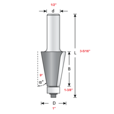 Custom Carbide Tipped Bevel Bit 1" Diameter 2 Flute 1-3/8" Cutting Height 1/2" Shank 9° Angle Bevel / Chamfer Bits