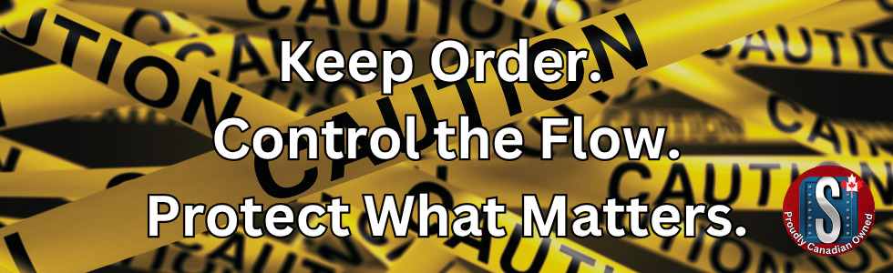 Yellow caution tape background with bold white text reading ‘Keep Order. Control the Flow. Protect What Matters.’ — representing Skookum Tools’ crowd control and safety products, including cones, barriers, and caution tape for secure, organized worksites.