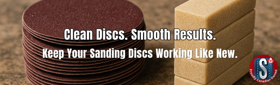 A promotional image showing a neat stack of round sanding discs beside a tower of beige crepe rubber cleaning sticks on a workbench surface. The scene emphasizes tool maintenance and durability, with the Skookum Tools “Proudly Canadian Owned” logo displayed in the bottom right corner.