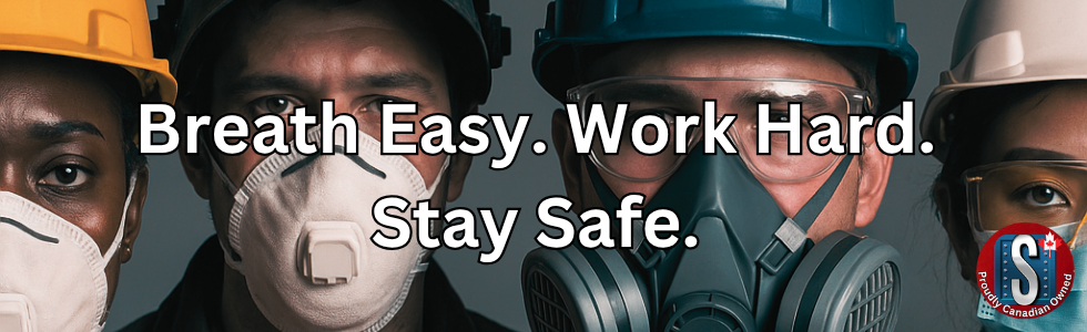 Four industrial workers wearing different types of respirators and safety masks, with the text ‘Breathe Easy. Work Hard. Stay Safe.’ overlayed across the image, representing Skookum Tools’ dust masks, respirators, and related safety accessories for workplace protection.