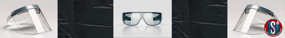 Protective eyewear and face shields displayed on a clean surface, representing Skookum Tools’ eye protection category including safety glasses, goggles, and face shields for industrial and workplace safety.