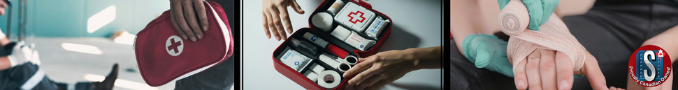 Red first aid kits, medical supplies, and hands applying a bandage, representing Skookum Tools’ first aid kits, bandages, and emergency response supplies for workplace and industrial safety.