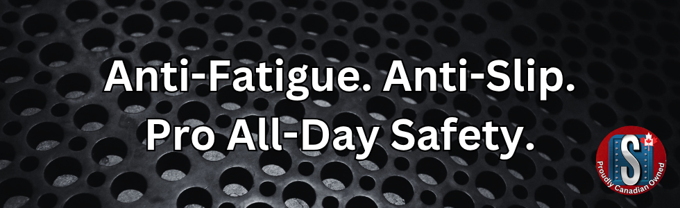 Anti-fatigue rubber mats with textured surfaces and anti-slip flooring rolls, representing Skookum Tools’ matting and flooring safety products for traction, comfort, and workplace protection.