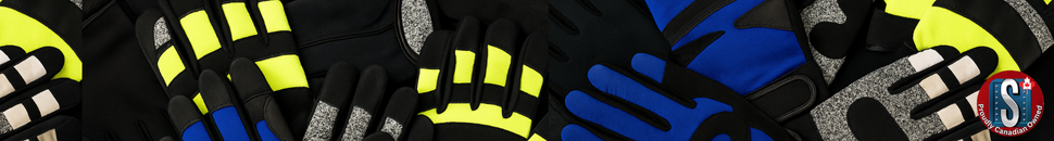 Assorted mechanic gloves in blue, black, and high-visibility yellow stacked together, representing Skookum Tools’ mechanic and impact-resistant work gloves category.