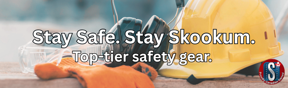 Safety gear including gloves, safety glasses, hearing protection, and a hard hat on a workbench with text reading ‘Stay Safe. Stay Skookum. Top-tier safety gear.’ Image represents Skookum Tools’ safety equipment category.