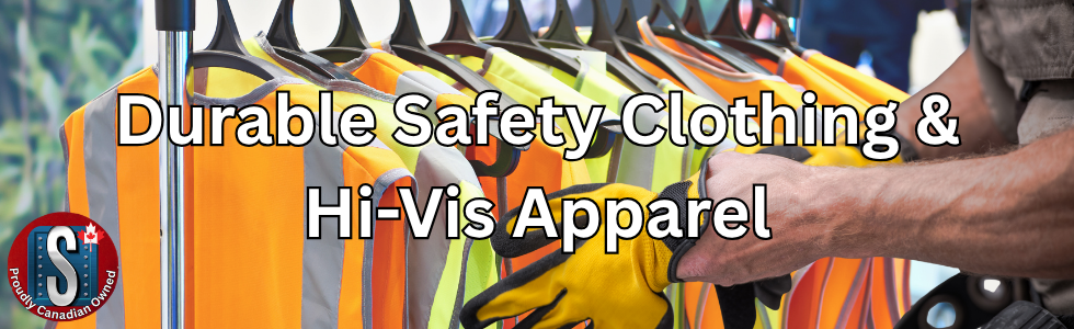 High-visibility safety vests and gloves hanging on a rack, with text reading ‘Durable Safety Clothing & Hi-Vis Apparel.’ Image represents Skookum Tools’ protective workwear and hi-vis safety clothing category.