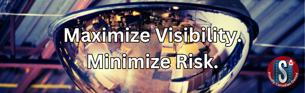 Industrial convex safety mirror reflecting a warehouse interior, with the text ‘Maximize Visibility. Minimize Risk.’ overlayed, representing Skookum Tools’ convex and dome inspection mirrors for workplace safety and visibility.