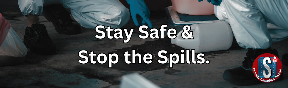 Workers in protective coveralls and gloves cleaning up a chemical spill on a concrete floor, with the text ‘Stay Safe & Stop the Spills.’ overlayed, representing Skookum Tools’ spill containment and storage solutions for industrial and environmental safety.