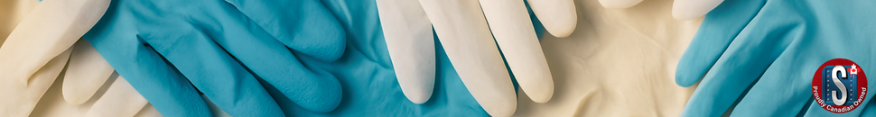 Assorted blue and white disposable gloves layered together, representing Skookum Tools’ latex, nitrile, and vinyl synthetic glove category for medical, cleaning, and industrial applications.